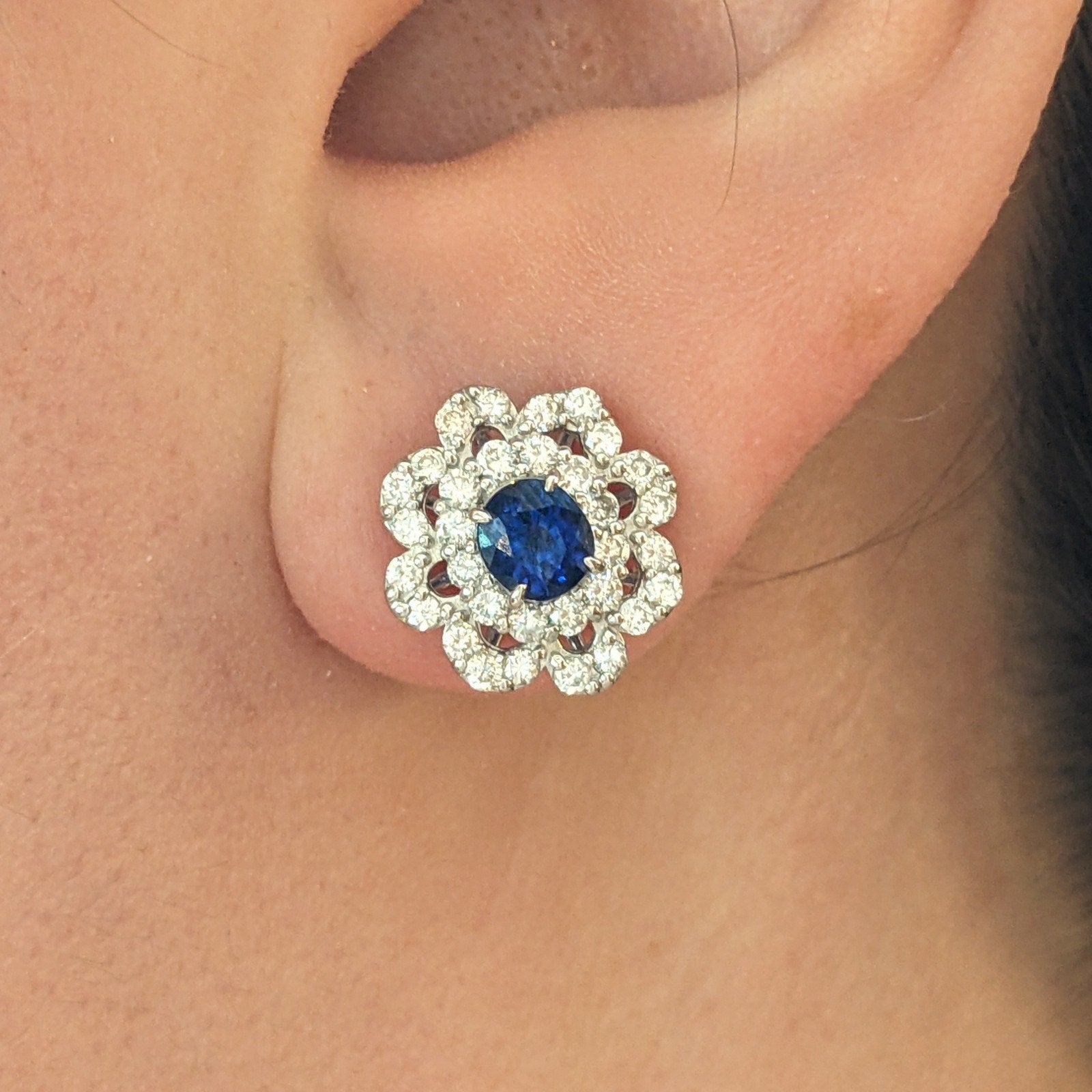 Oval Blue Sapphire and Diamond Stud Earrings in Platinum/18k Gold