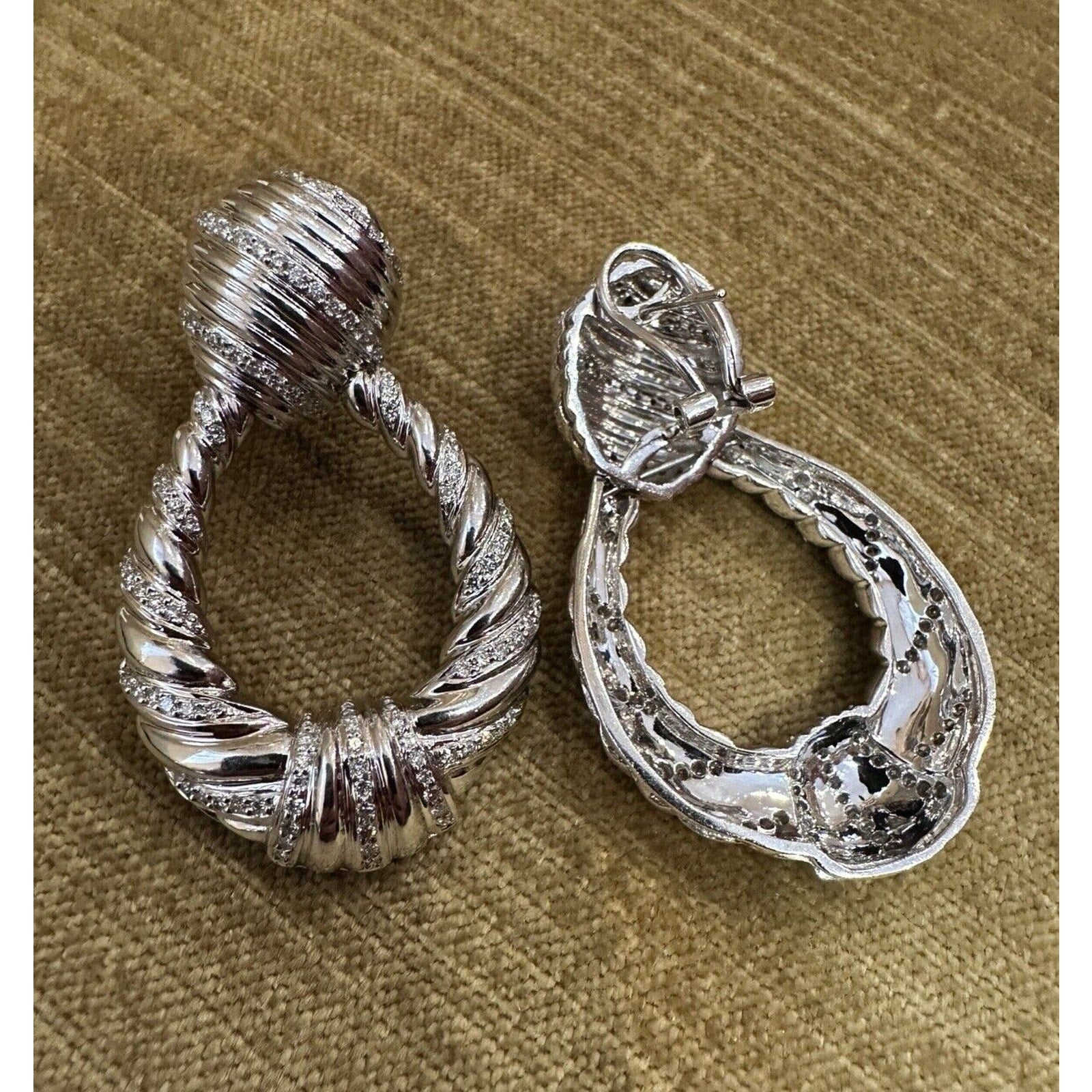 Large Twist Diamond Door-knocker Drop Earrings in 18k White Gold