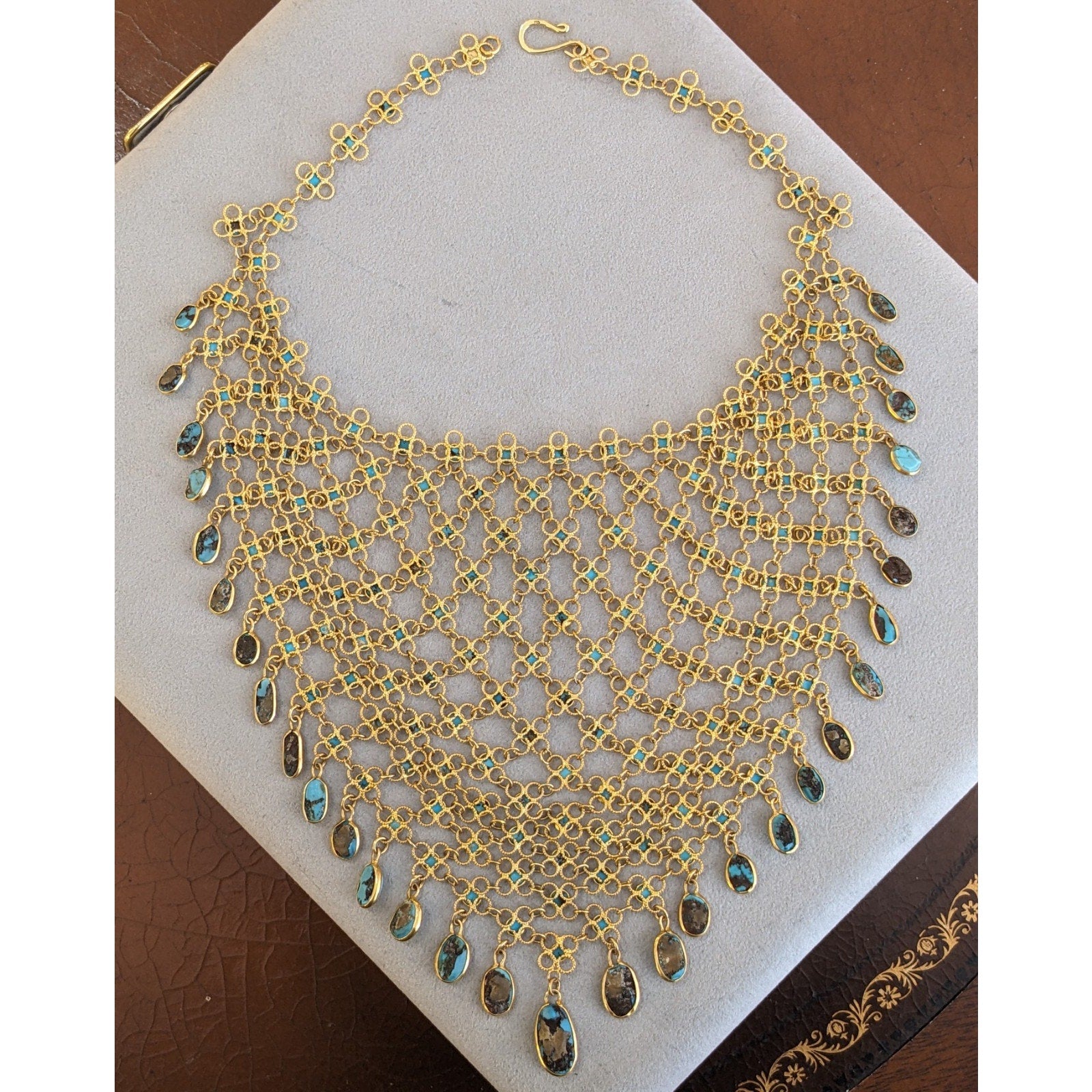 Estate Turquoise Cabochon Bib Necklace in 18k Yellow Gold