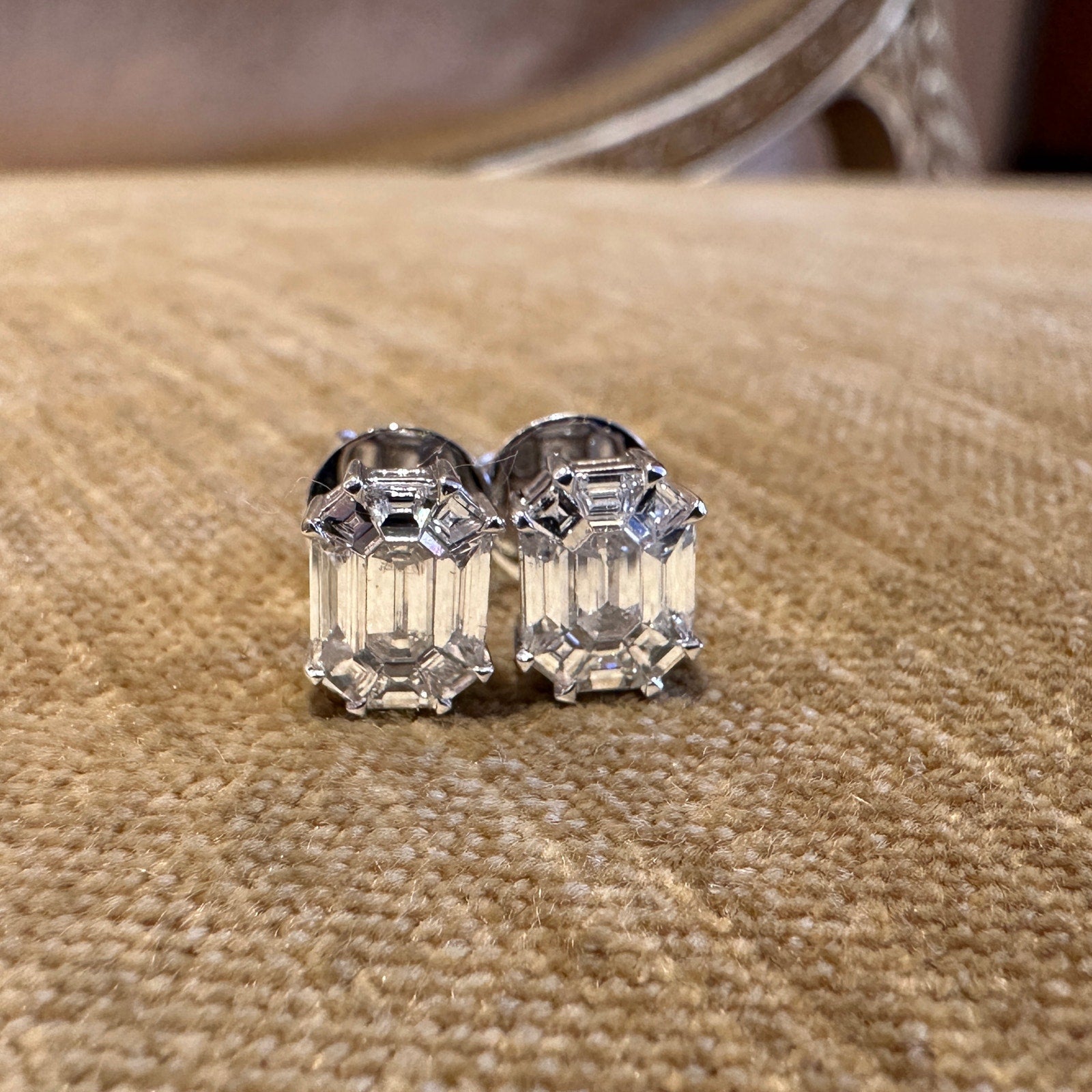 Illusion set Emerald Shape Diamond Stud Earrings in 18k White Gold - HM2624SS