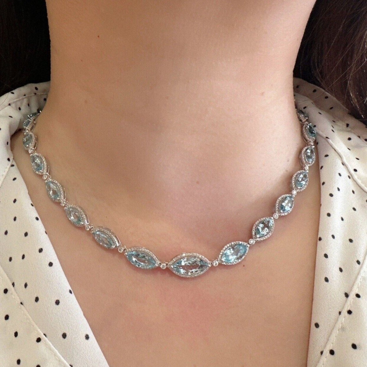 Aquamarine and Diamond Choker Necklace in 14k White Gold