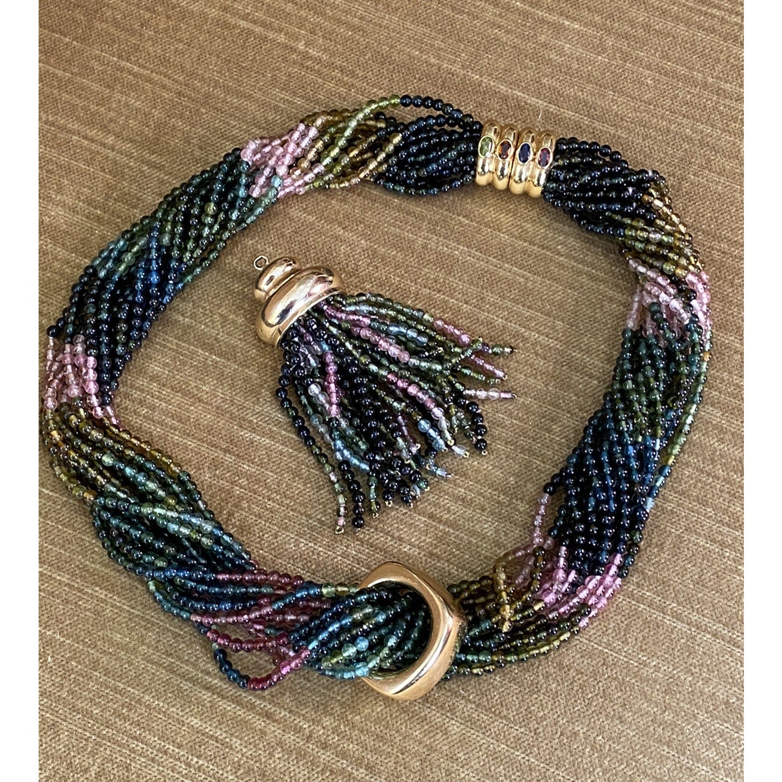 Multi-Strand Tourmaline Bead Necklace Detachable Tassel 18k Yellow Gold