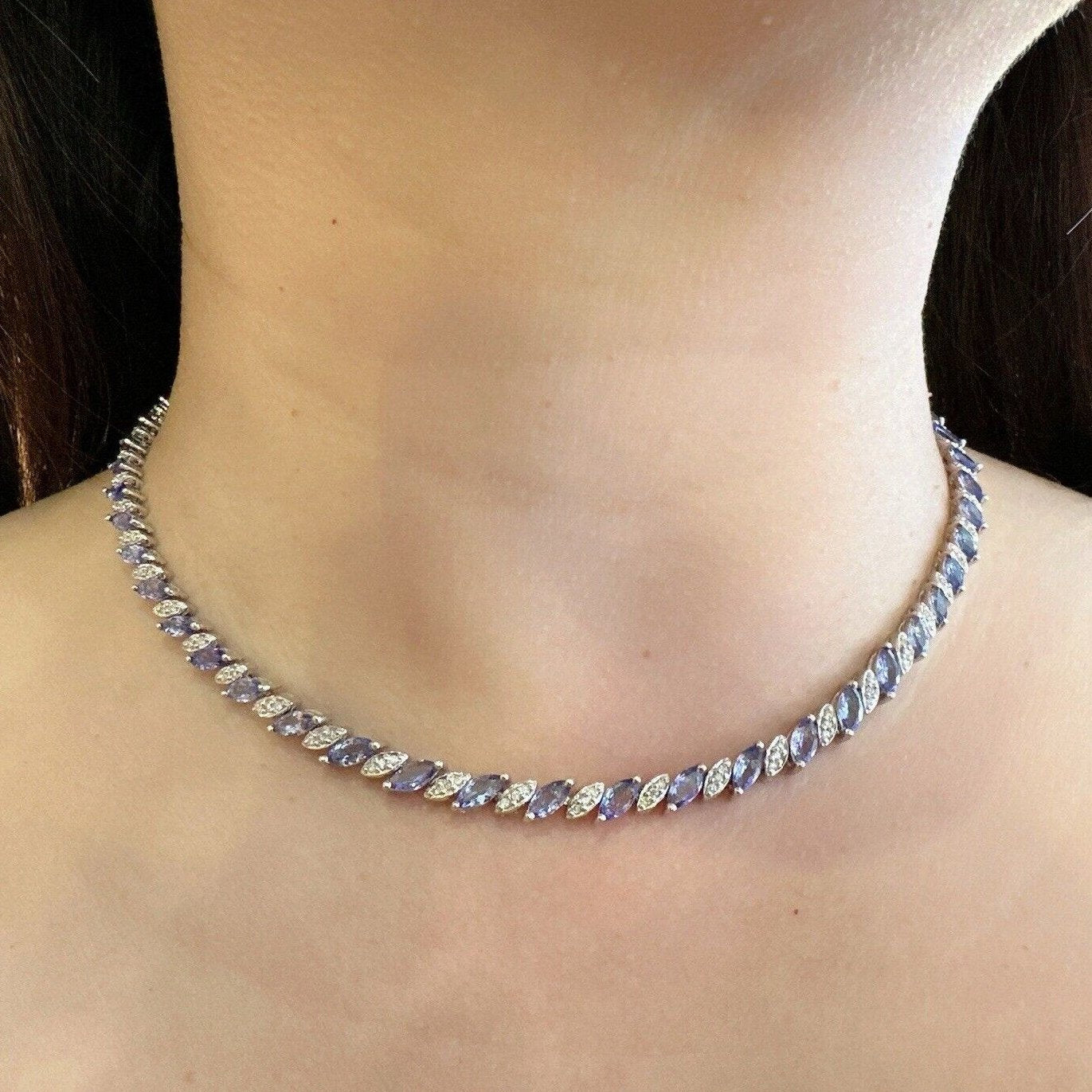 Marquise Tanzanite and Round Diamond Necklace in 18k White Gold