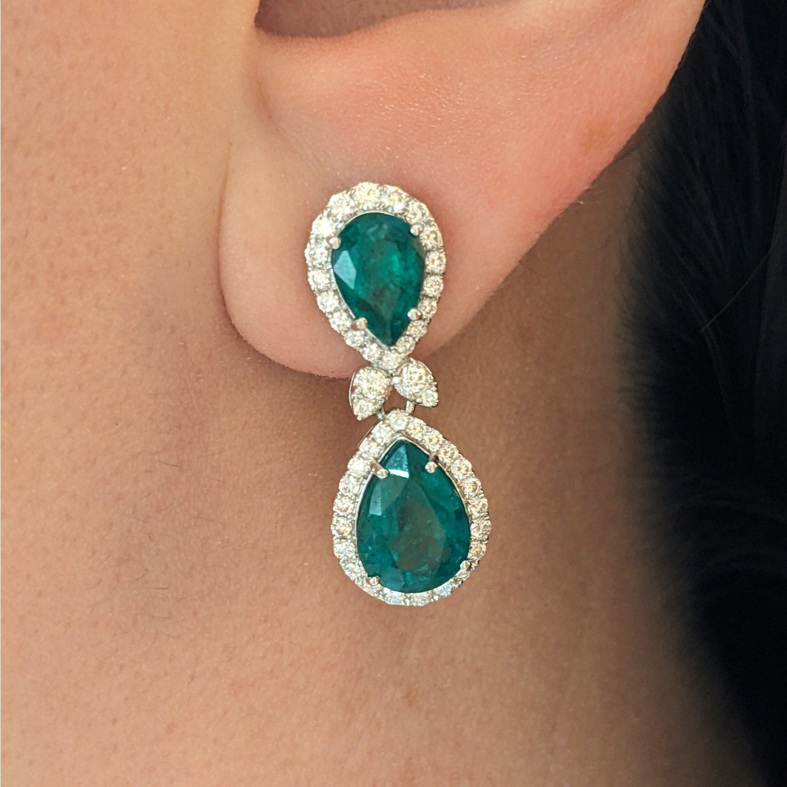 Natural Emerald and Diamond Drop Earrings in 18k White Gold