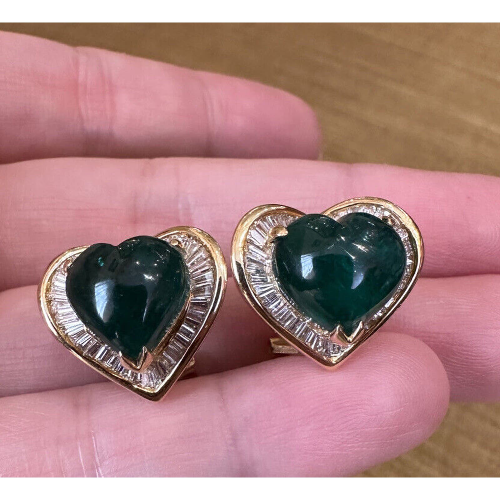 Heart Cabochon Emerald and Baguette Diamond Earrings in 18k Yellow Gold-HM2347E
