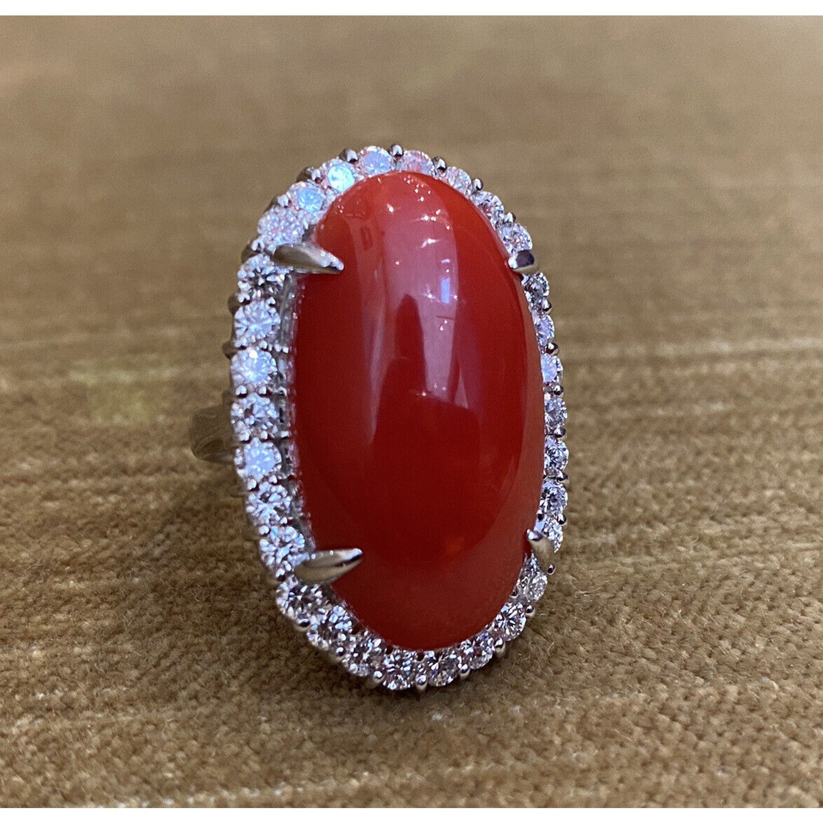 Estate 22.95 cts Red Coral and Diamond Large Cocktail Ring in Platinum