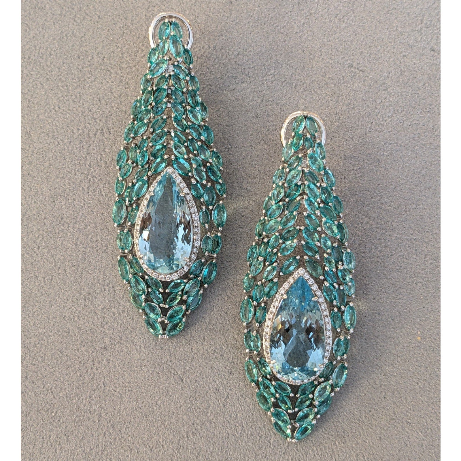 Aquamarine, Emerald and Diamond Peacock Earrings in 18k White Gold