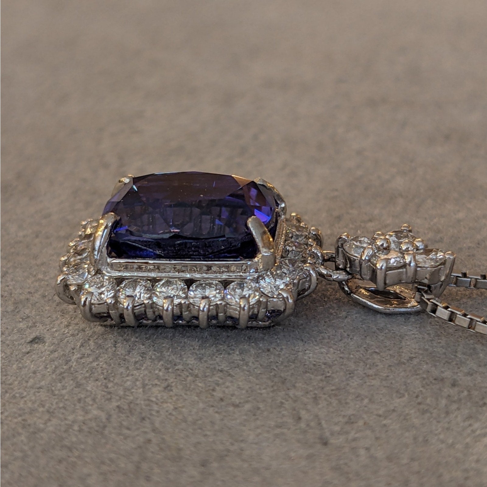 5.70 ct Cushion Tanzanite & Diamond Pendant Necklace in Platinum