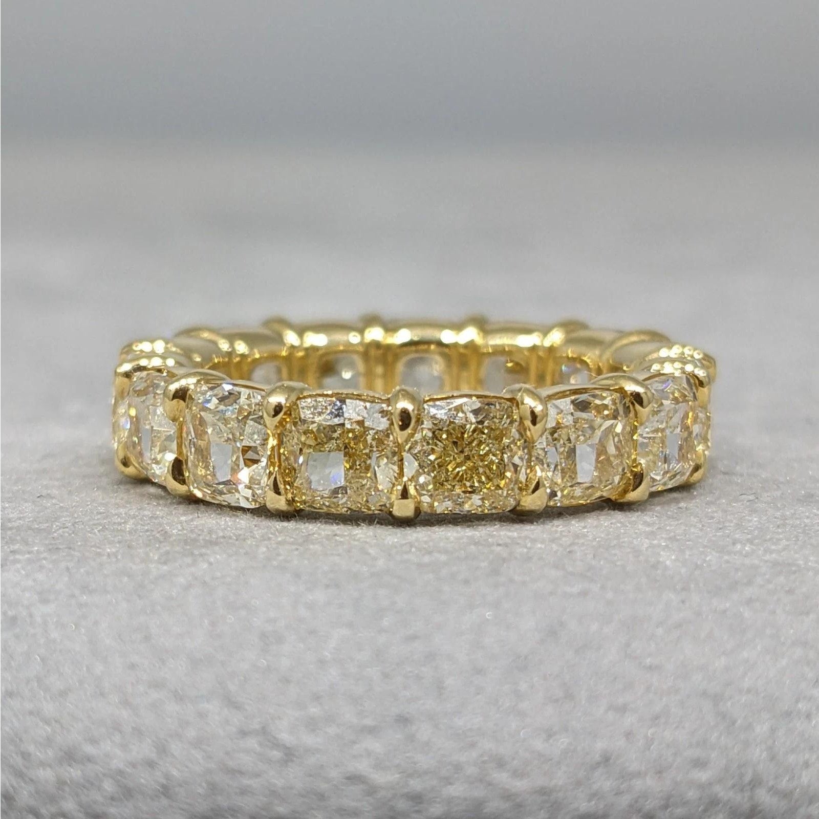 Light Yellow Cushion Diamond Eternity Ring 7.47cts in 18k Yellow Gold