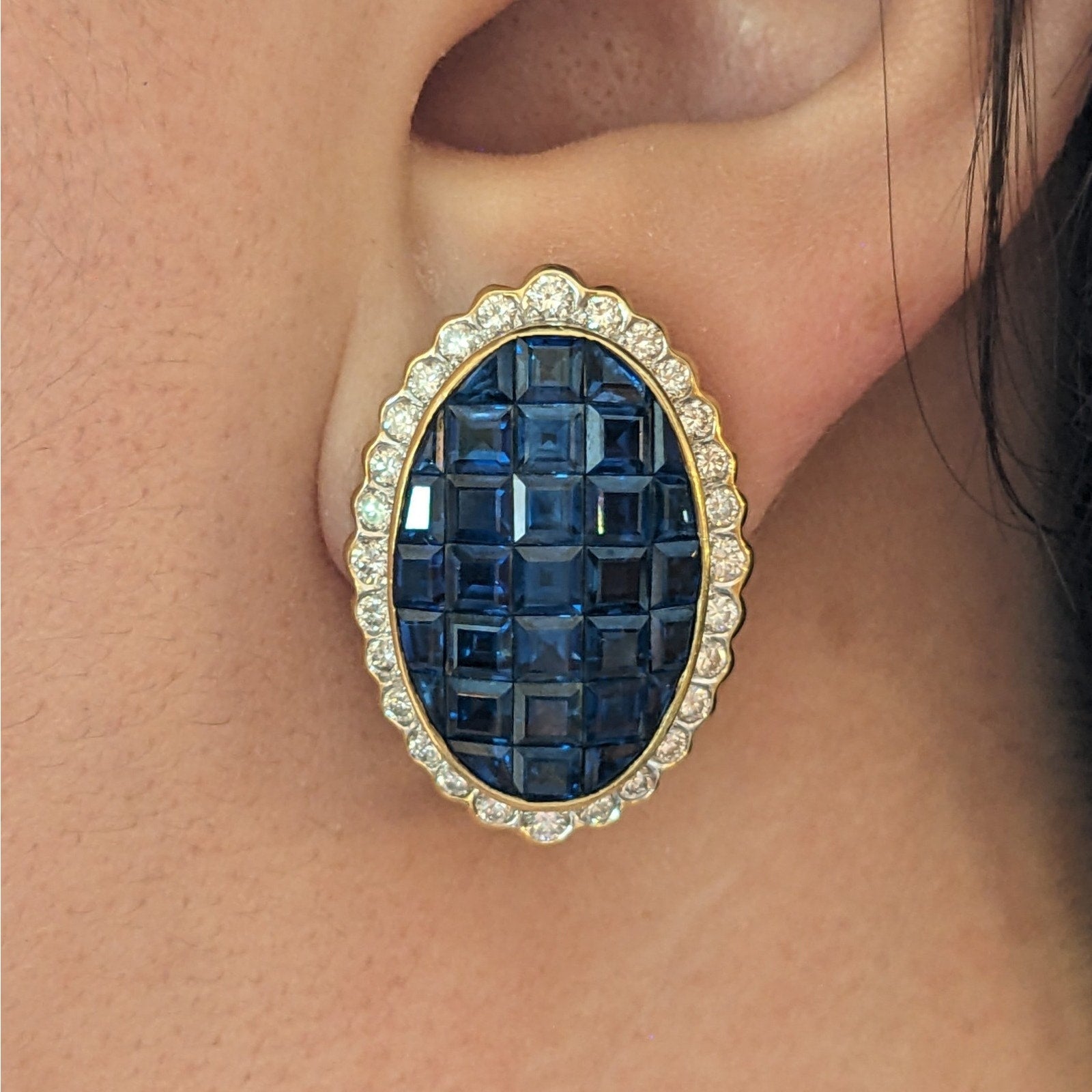 Mystery Invisible Set Sapphire and Diamond Earrings in 18k Yellow Gold