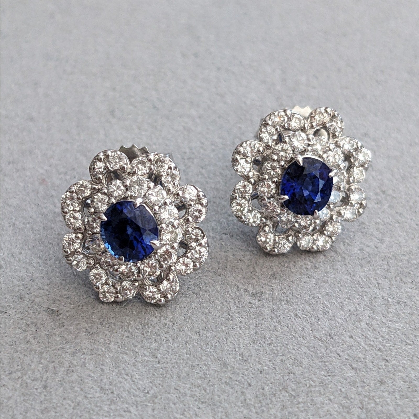 Oval Blue Sapphire and Diamond Stud Earrings in Platinum/18k Gold