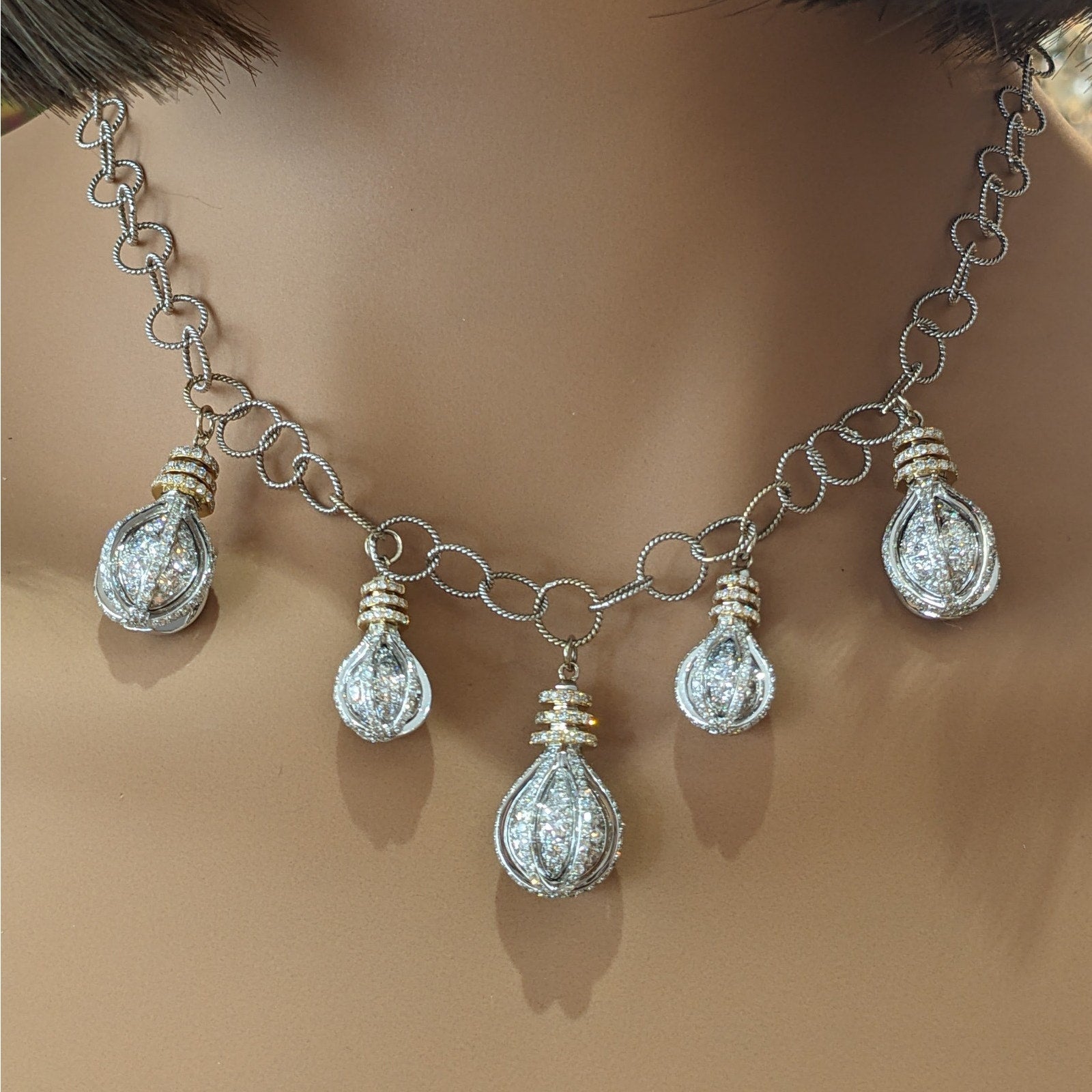 Diamond Hanging Lightbulb Charm Necklace in 18k White and Yellow Gold