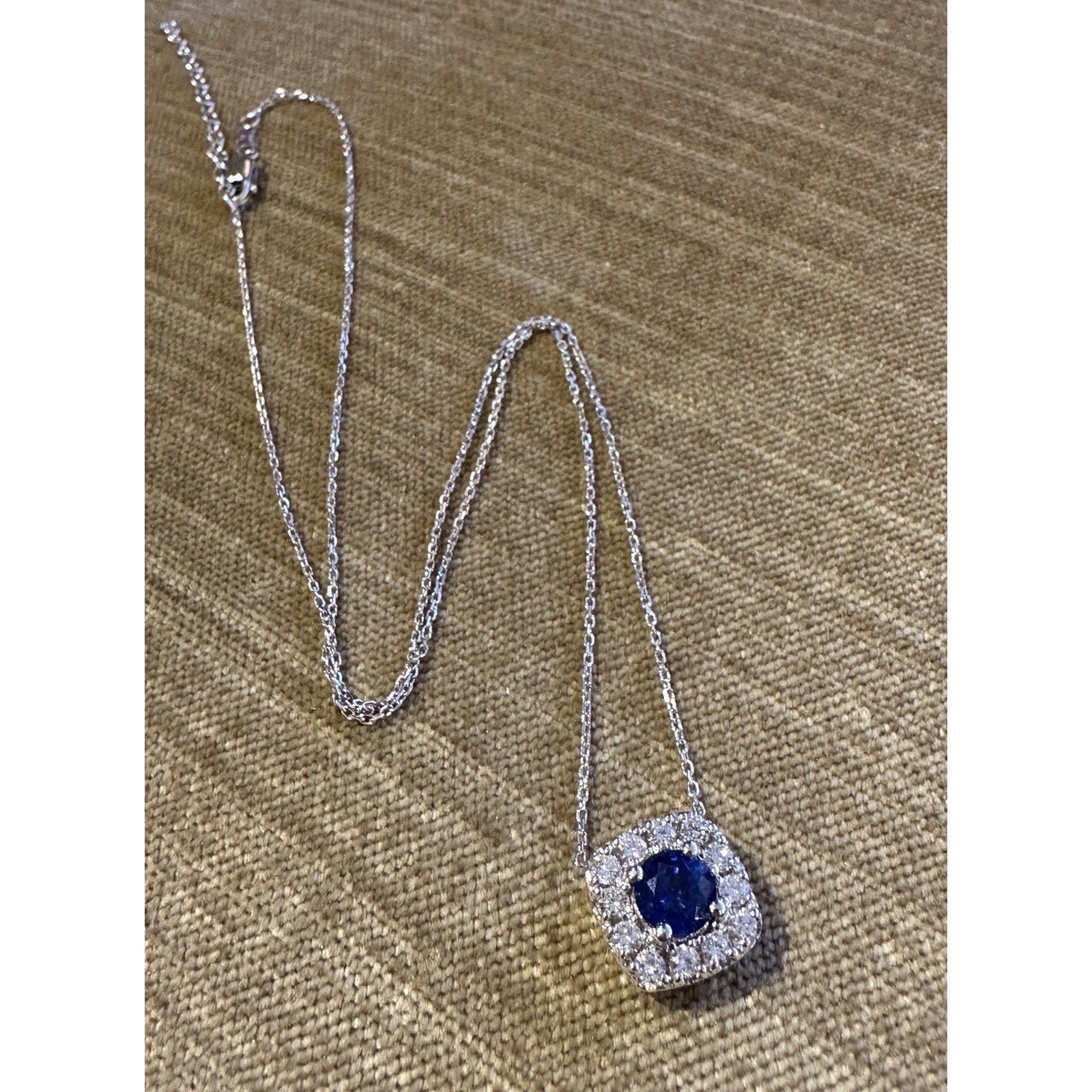 Natural Sapphire & Diamond Halo Pendant Necklace in 14k White Gold