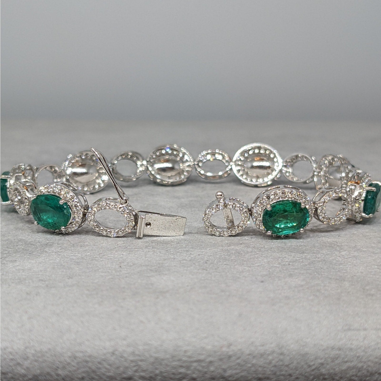 GIA Oval Emerald and Diamond Link Bracelet in 18k White Gold