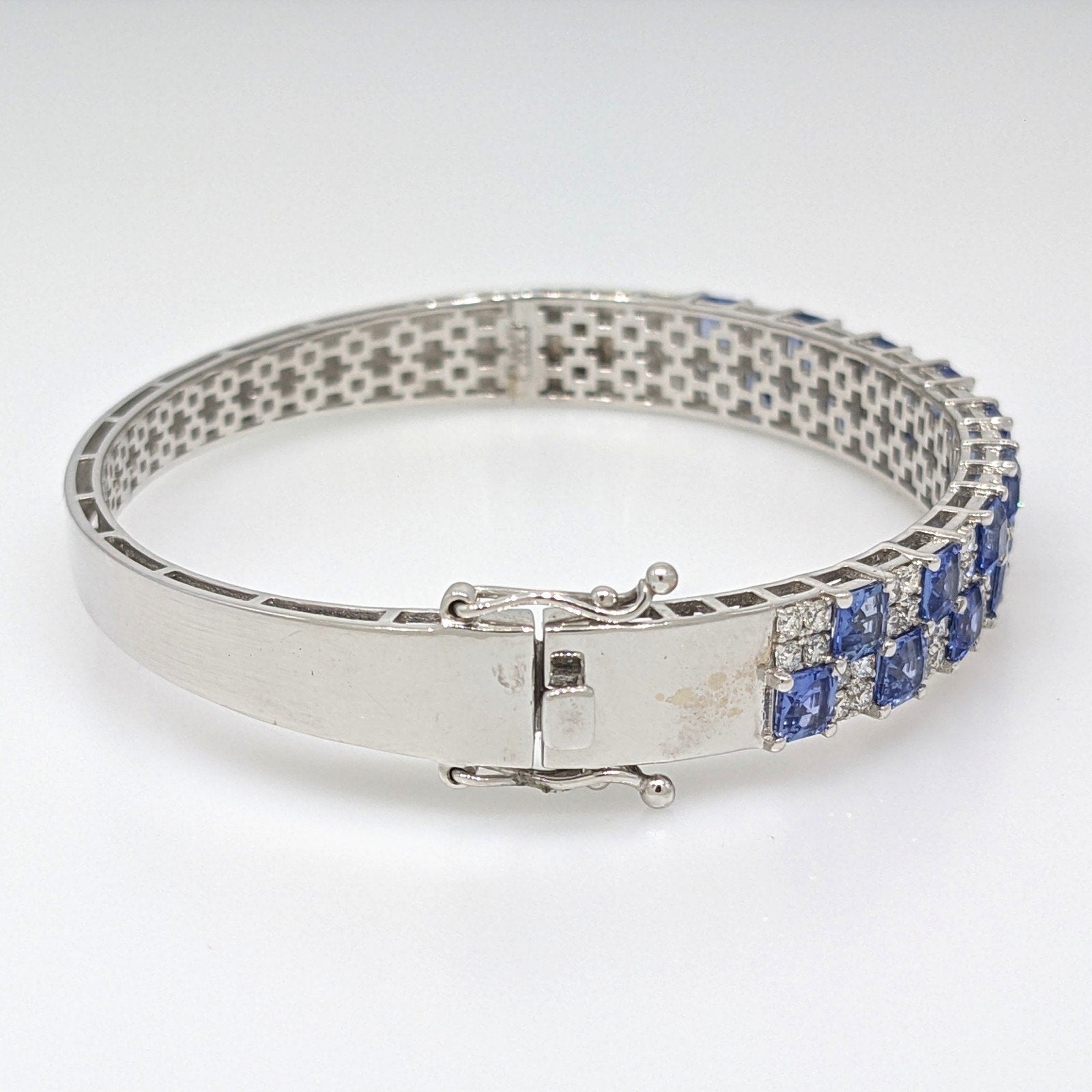 Natural Sapphire and Diamond Bangle Bracelet in 14k White Gold