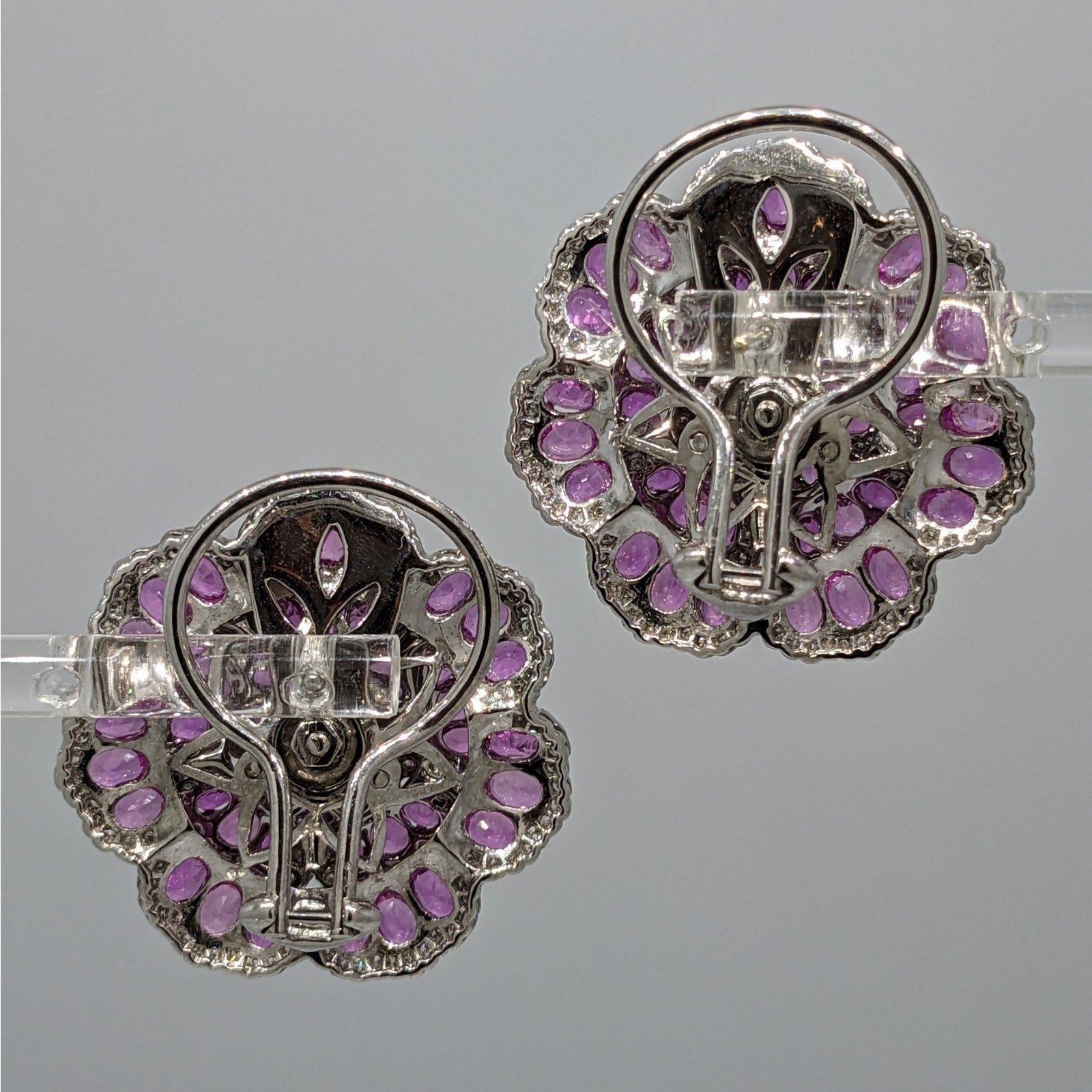 Pink Sapphire and Diamond Tiered Flower Earrings in 18k White Gold