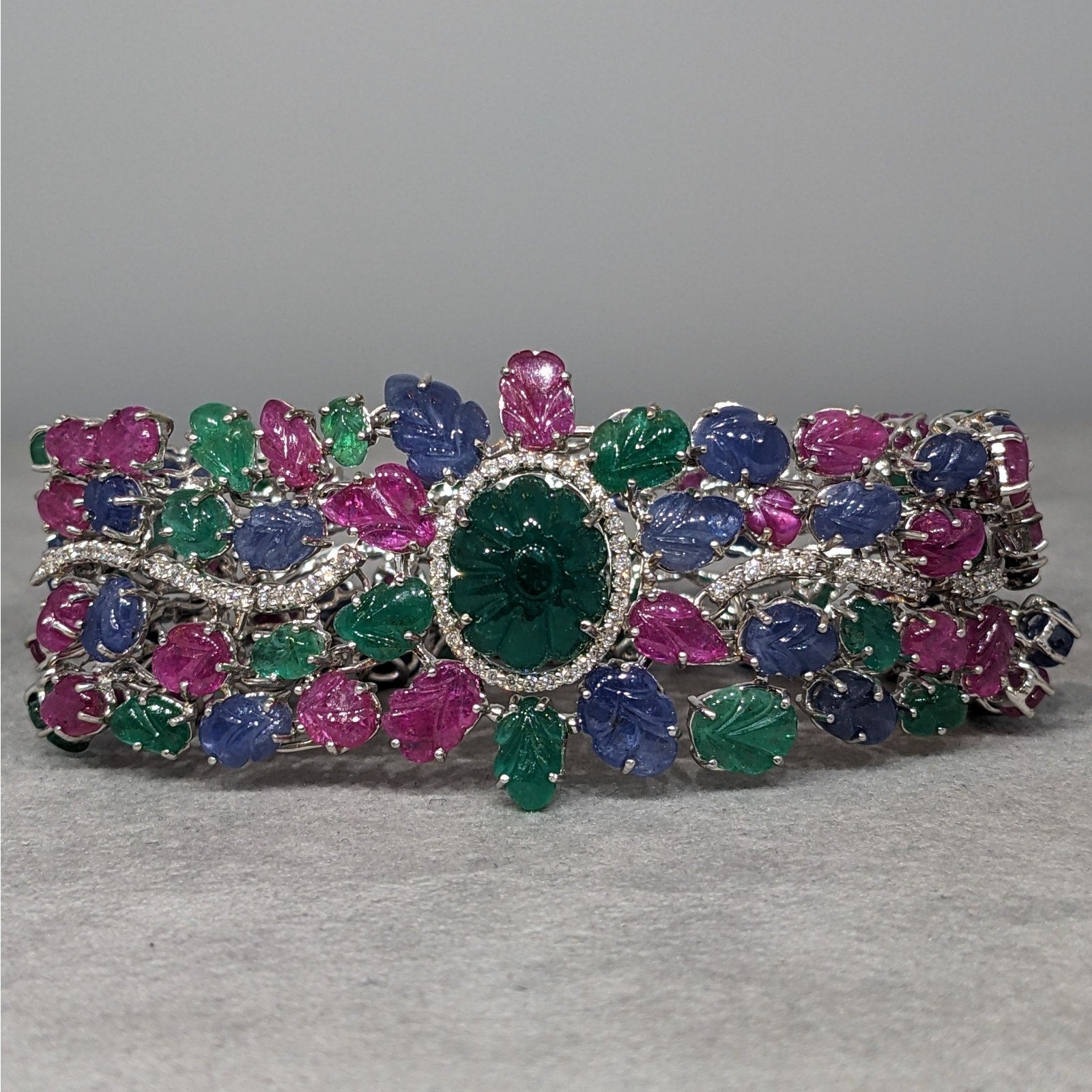 Carved Emerald, Ruby & Sapphire Bracelet with Diamonds in 18k White Gold