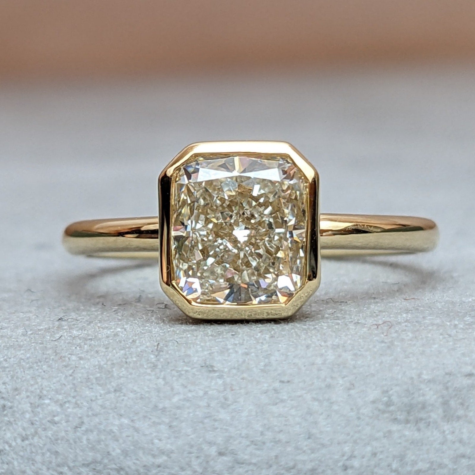 GIA Bezel Set Natural Cushion Diamond Ring in 18k Yellow Gold