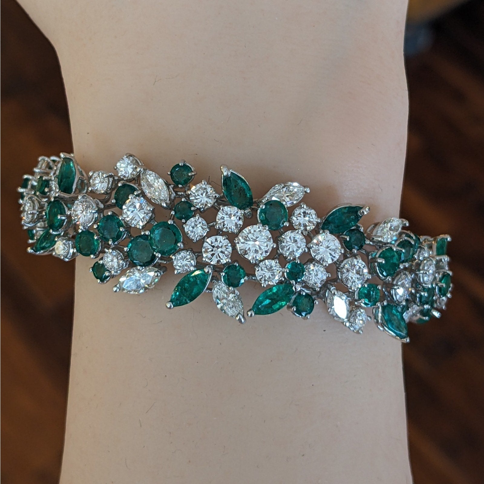 Round and Marquise Diamond and Emerald Cluster Bracelet in Platinum & 14k