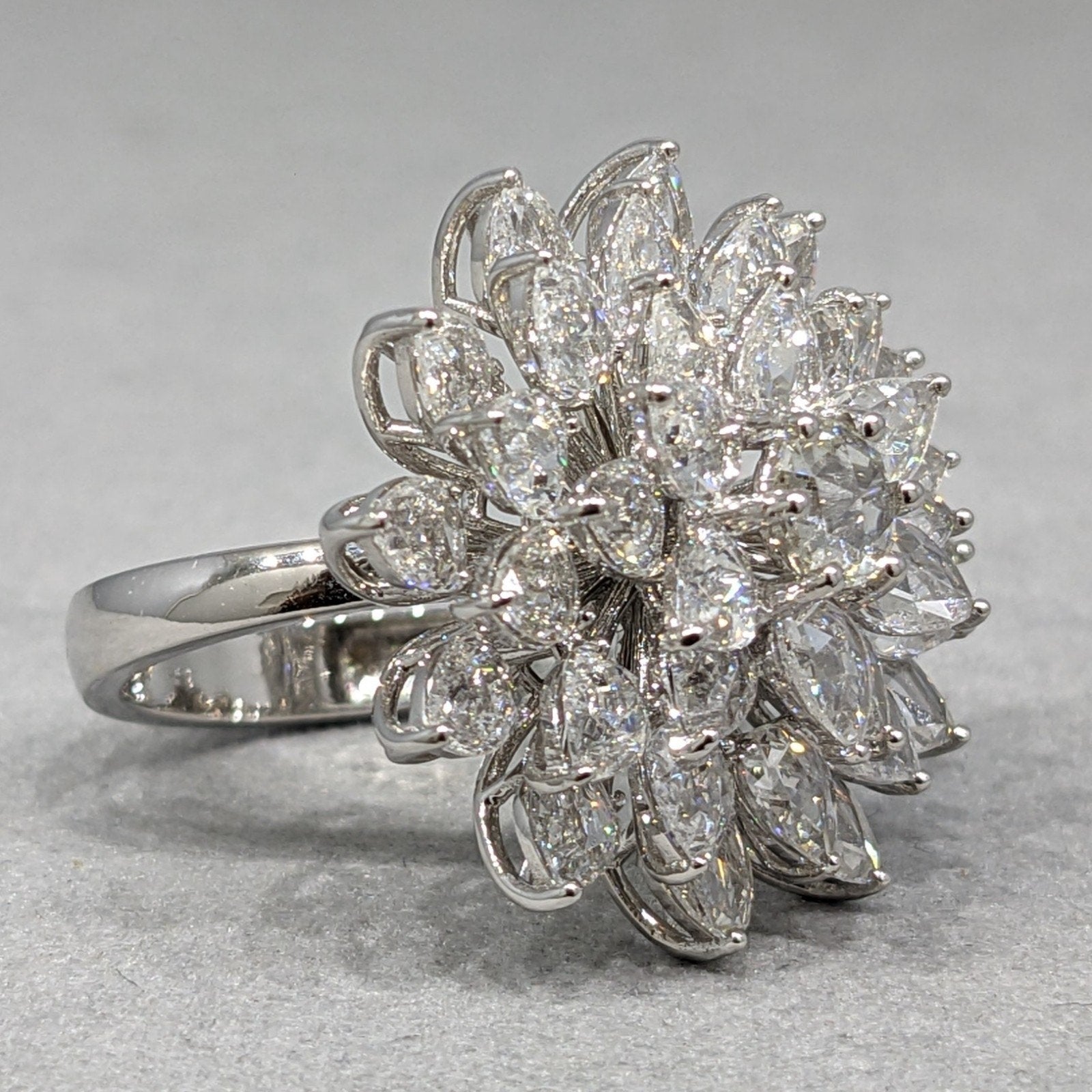 Natural Diamond Flower Cluster Flower Cocktail Ring in 18k White Gold