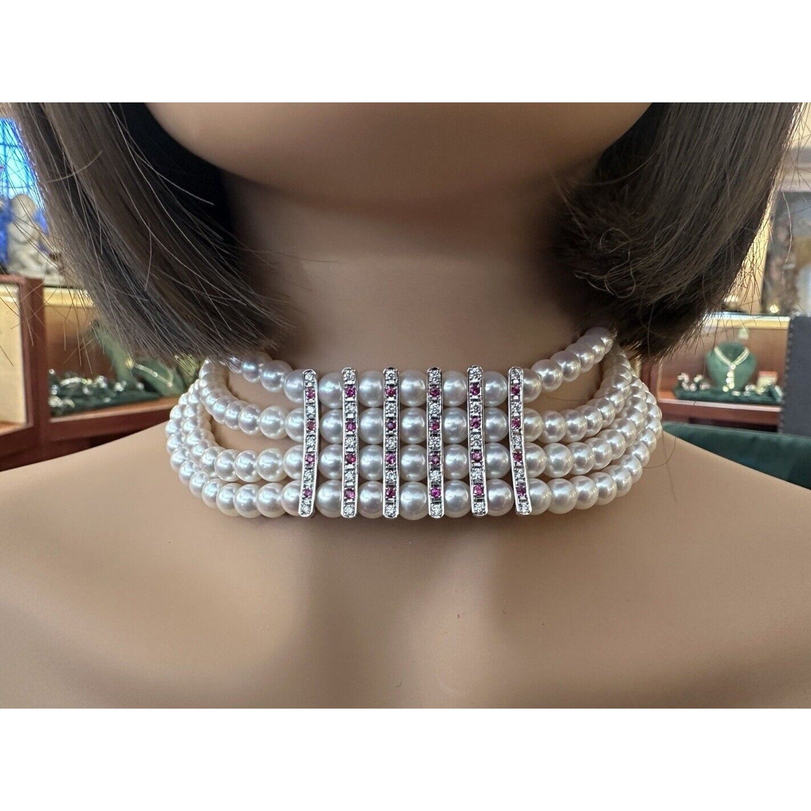 4 Row Pearl Choker Necklace with Rubies & Diamonds in Platinum