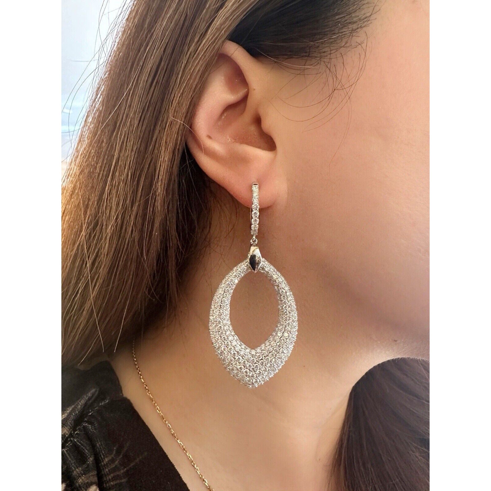 Large Pave Diamond Drop Earrings 10.90 cttw in 18k White Gold