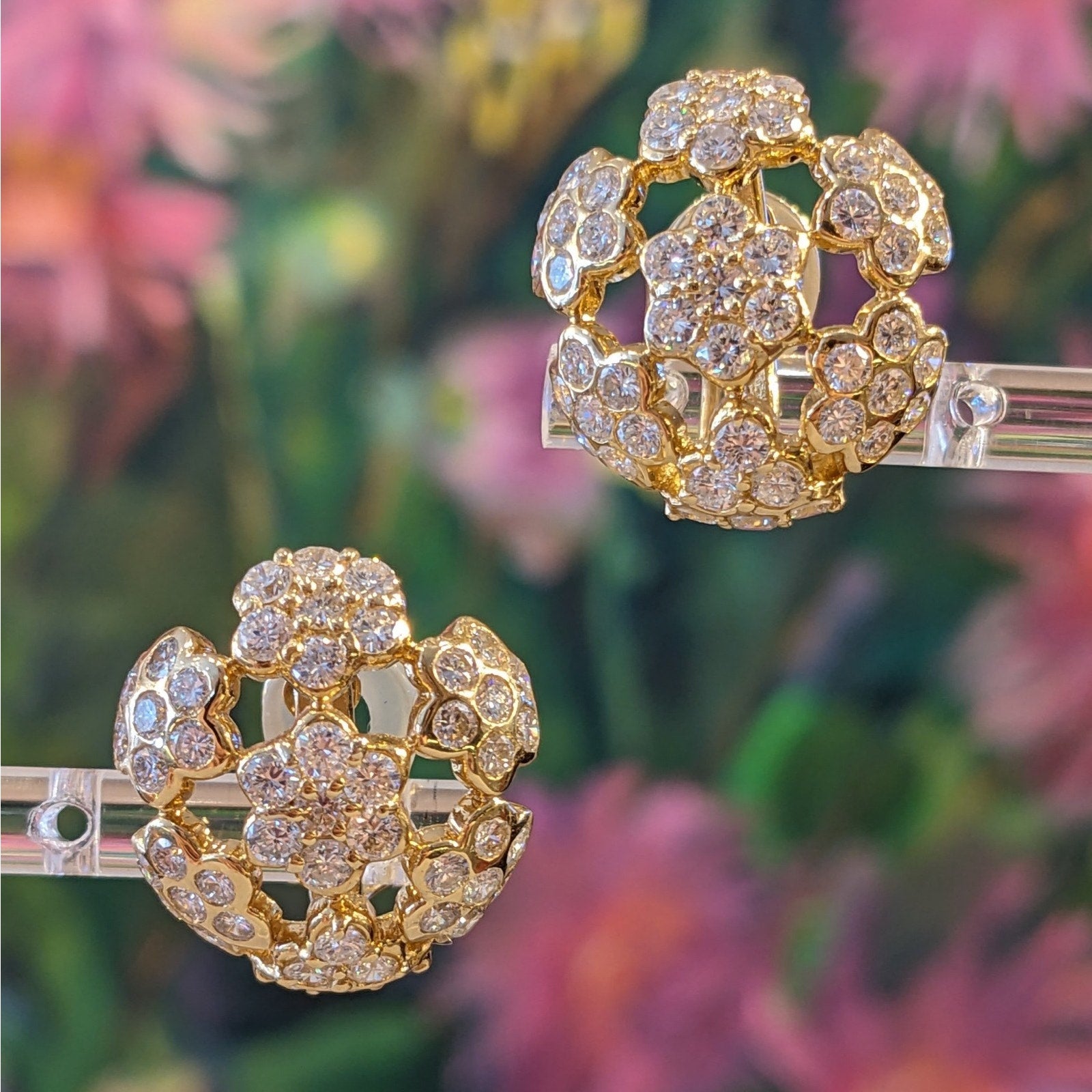 Diamond Floret Cluster Earrings 4.65 cttw in 18k Yellow Gold