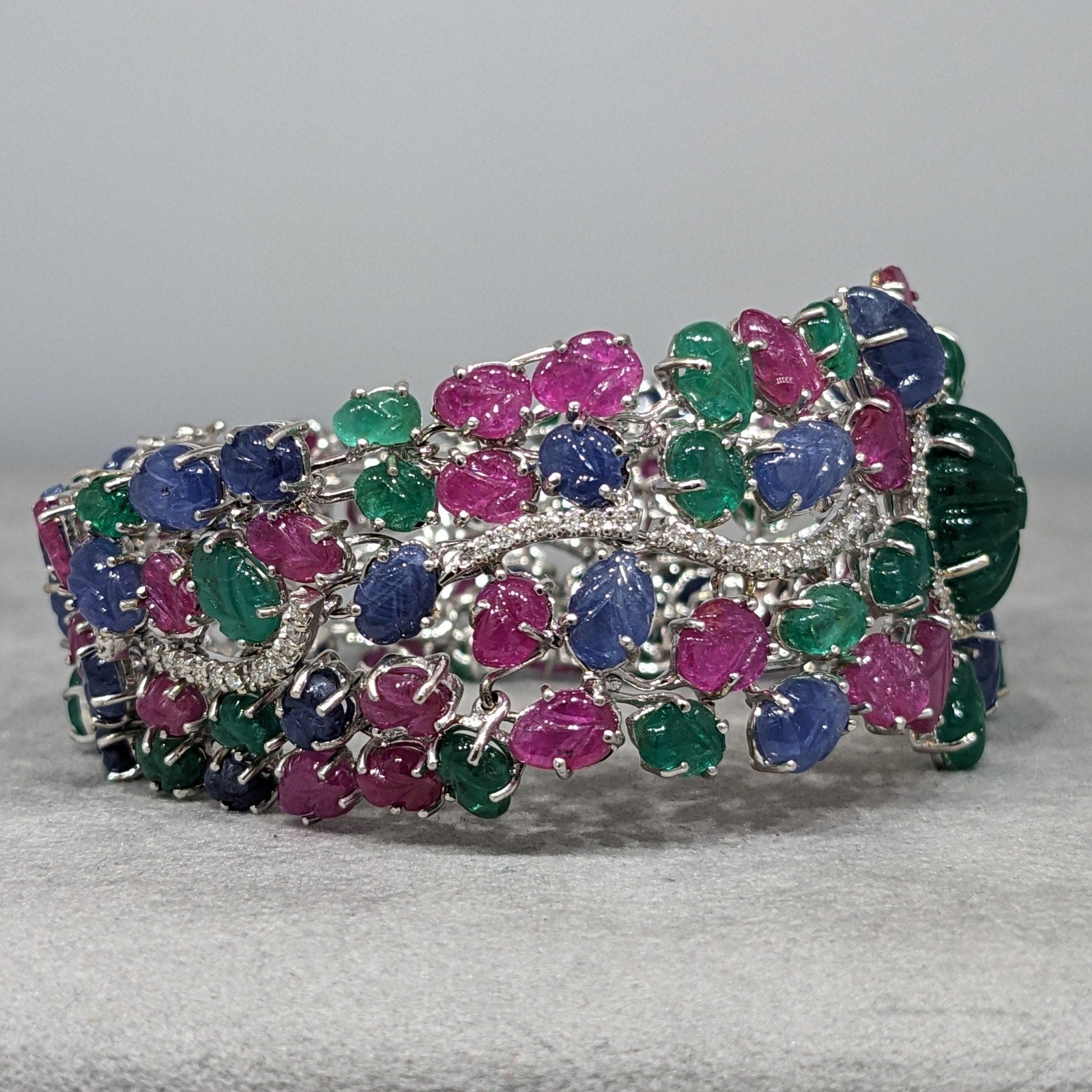 Carved Emerald, Ruby & Sapphire Bracelet with Diamonds in 18k White Gold