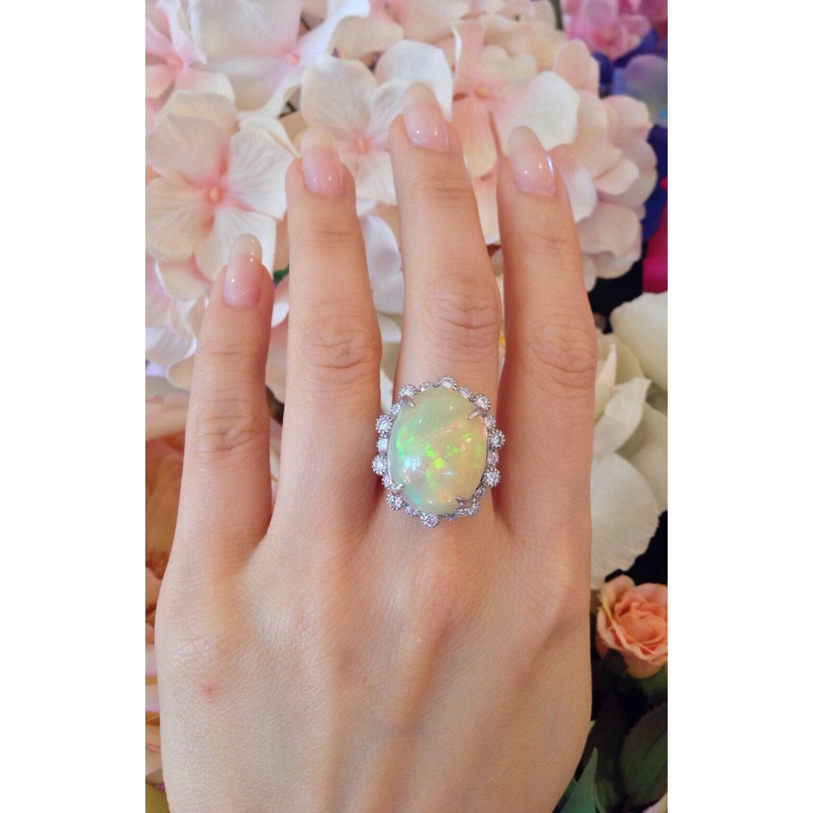 Estate 13.33 carat Natural Opal and Diamond Ring in Platinum