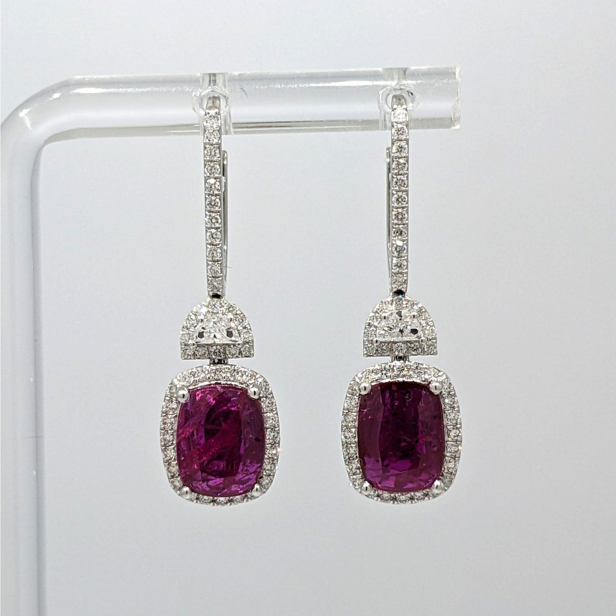 GIA Unheated Cushion Ruby & Diamond Drop Earrings in 18k White Gold