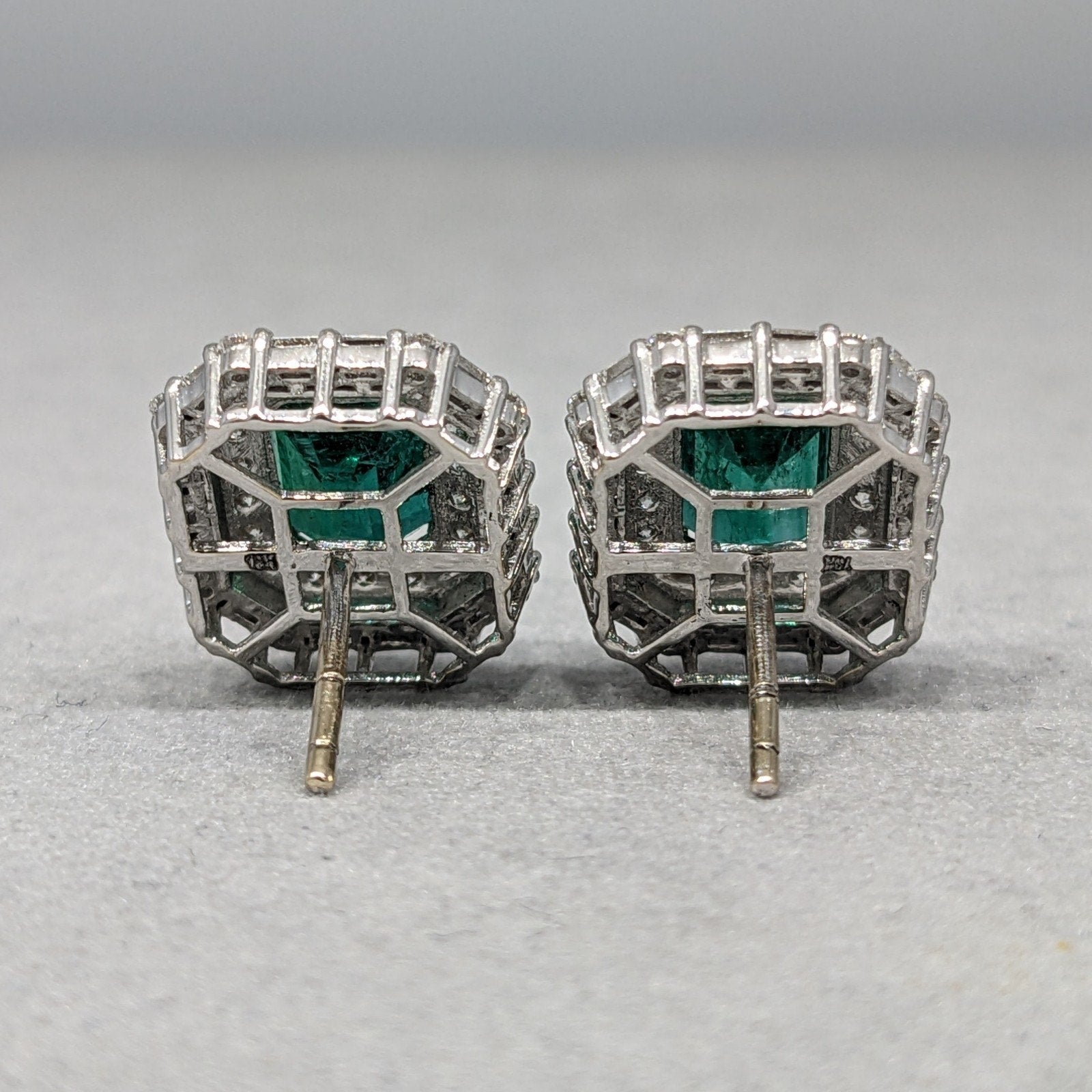 GIA 4.42 ct Emerald Double Halo Diamond Earrings in 18k White Gold