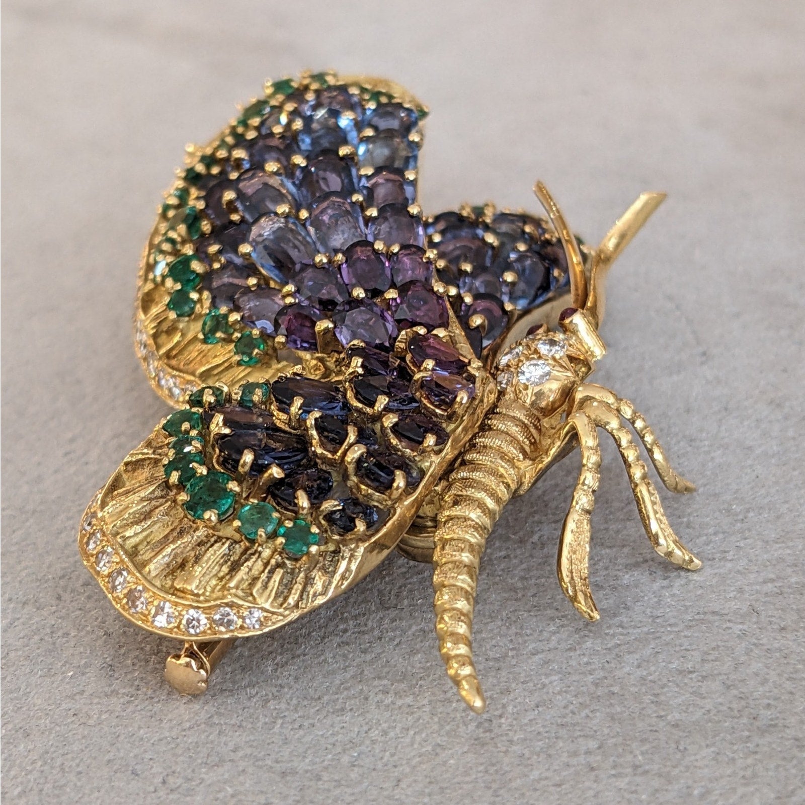 Large Sapphire, Emerald, and Diamond Butterfly Pin in 18k Yellow Gold