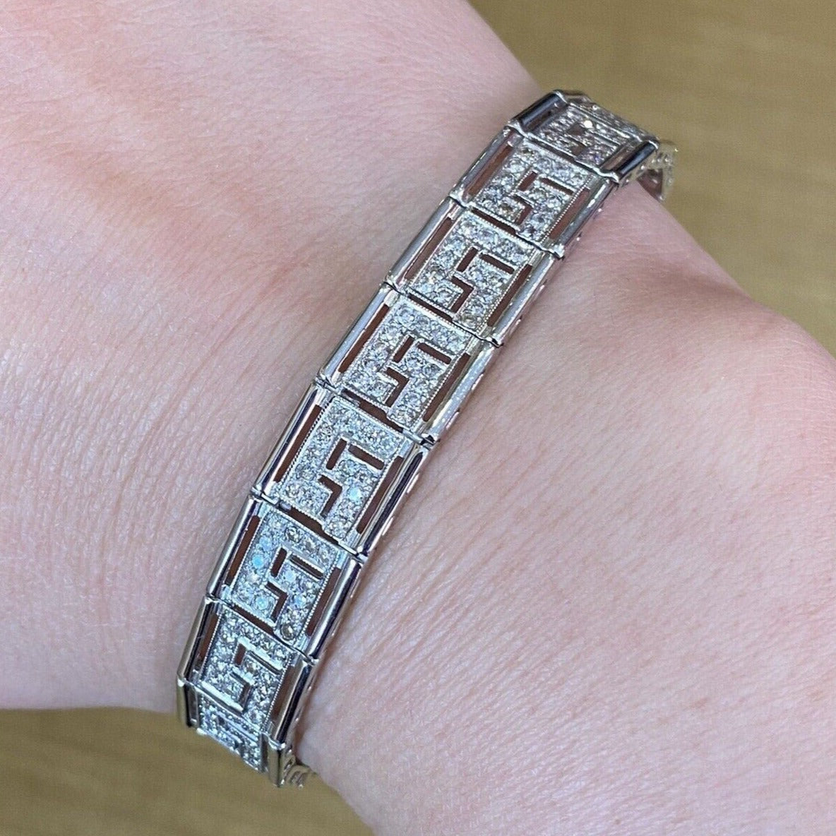 Diamond Greek Key Bracelet in 18k White Gold 3 carat total weight