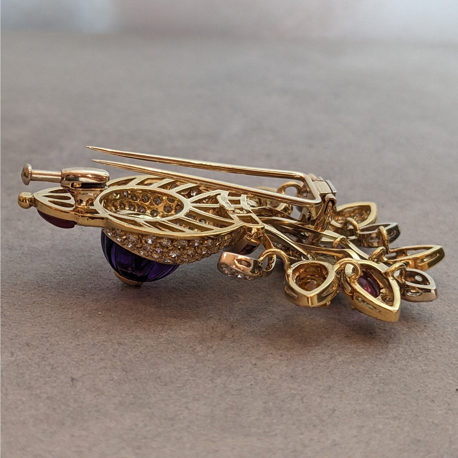 Multi-Gem Flower Pin with Diamonds and Amethyst in 18k Yellow Gold