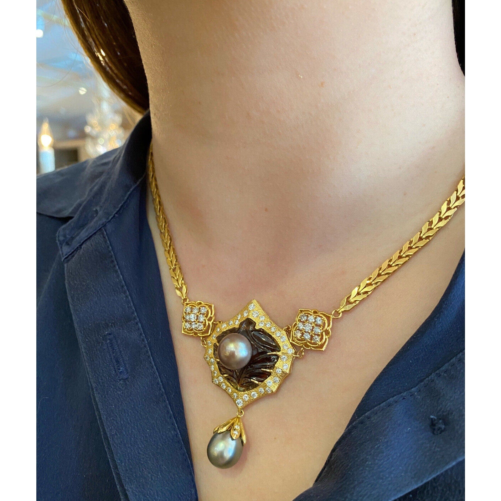 Vintage Black Pearls, Tourmaline and Diamond in 18k Yellow Gold -- HM1700AS