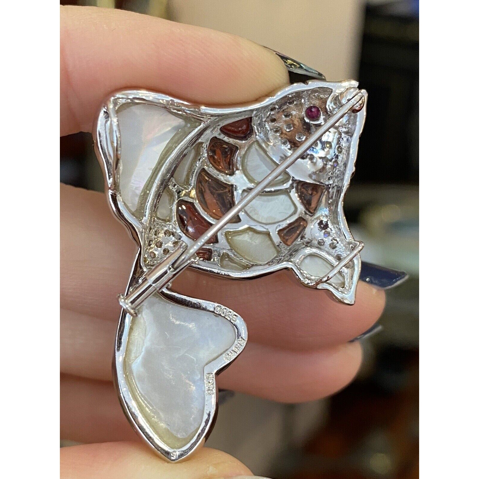 Diamond, Garnet, Mother of Pearl Fish Pin/Pendant in 18k White Gold