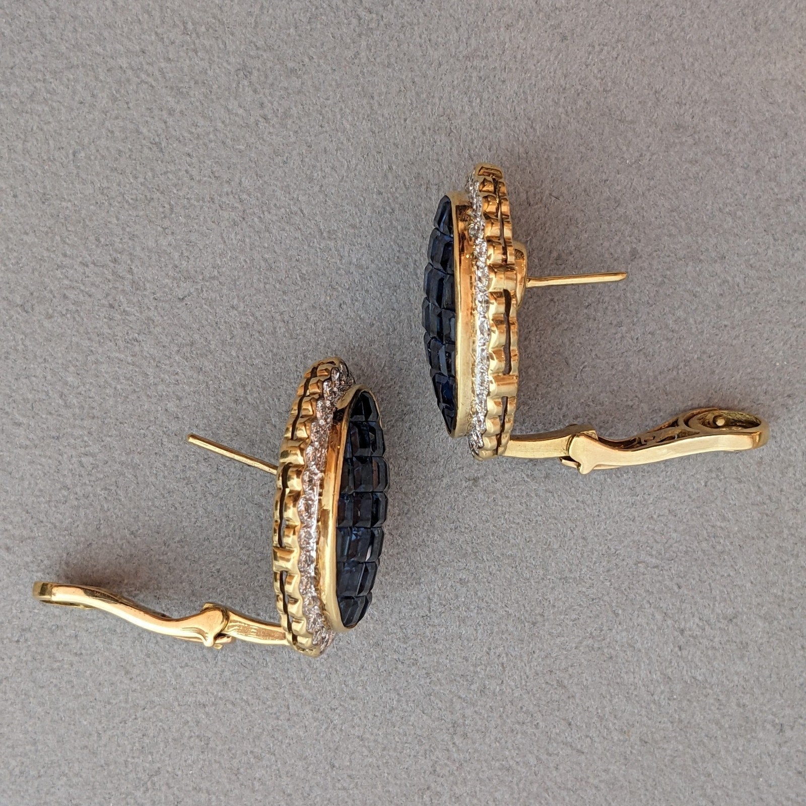 Mystery Invisible Set Sapphire and Diamond Earrings in 18k Yellow Gold