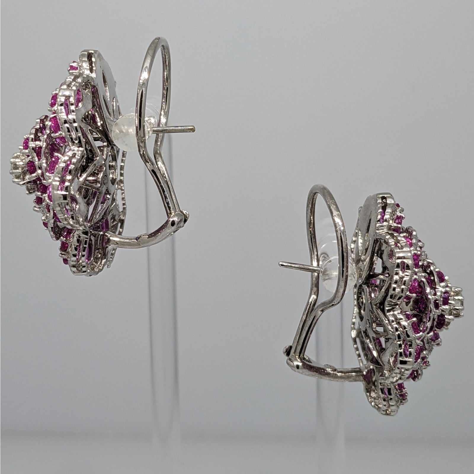 Pink Sapphire and Diamond Tiered Flower Earrings in 18k White Gold