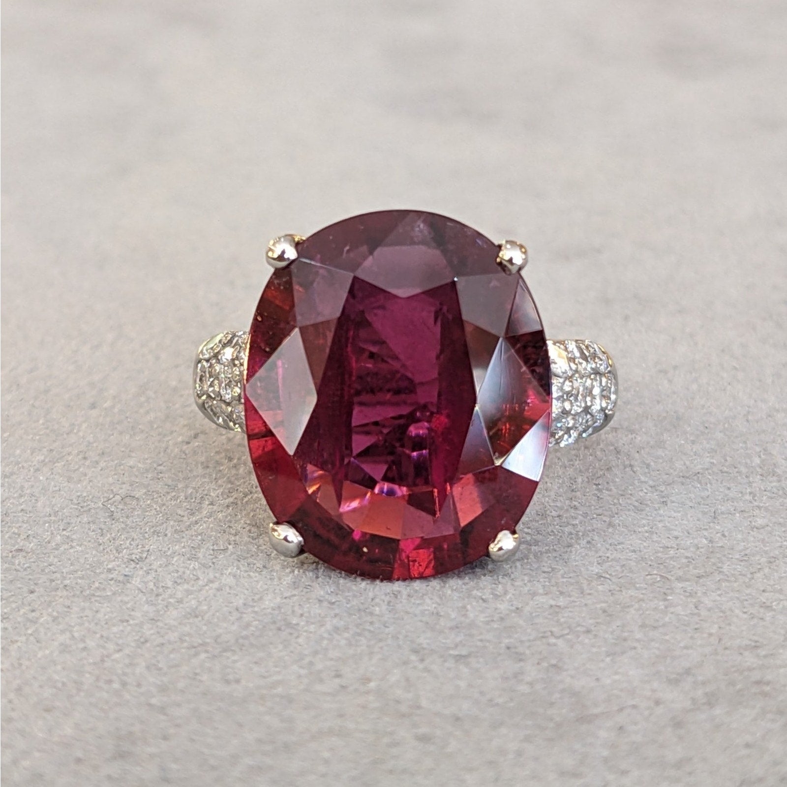 GIA 10.25ct Oval Rubellite Cocktail Ring with Diamonds in Platinum