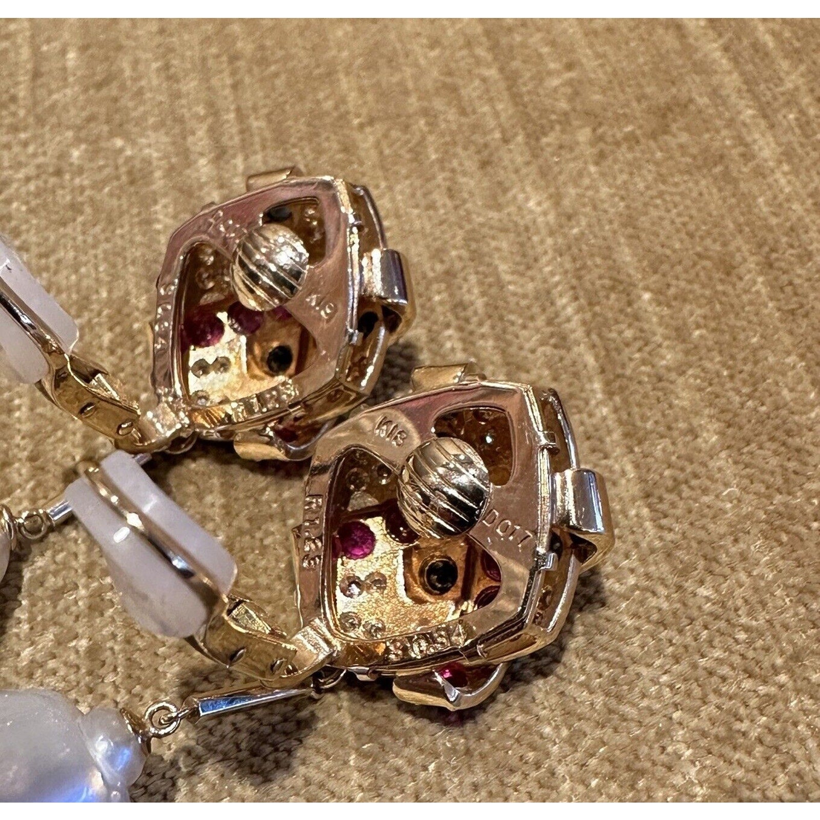 Ruby, Sapphire, Diamond & Pearl Drop Earrings in 18k Yellow Gold