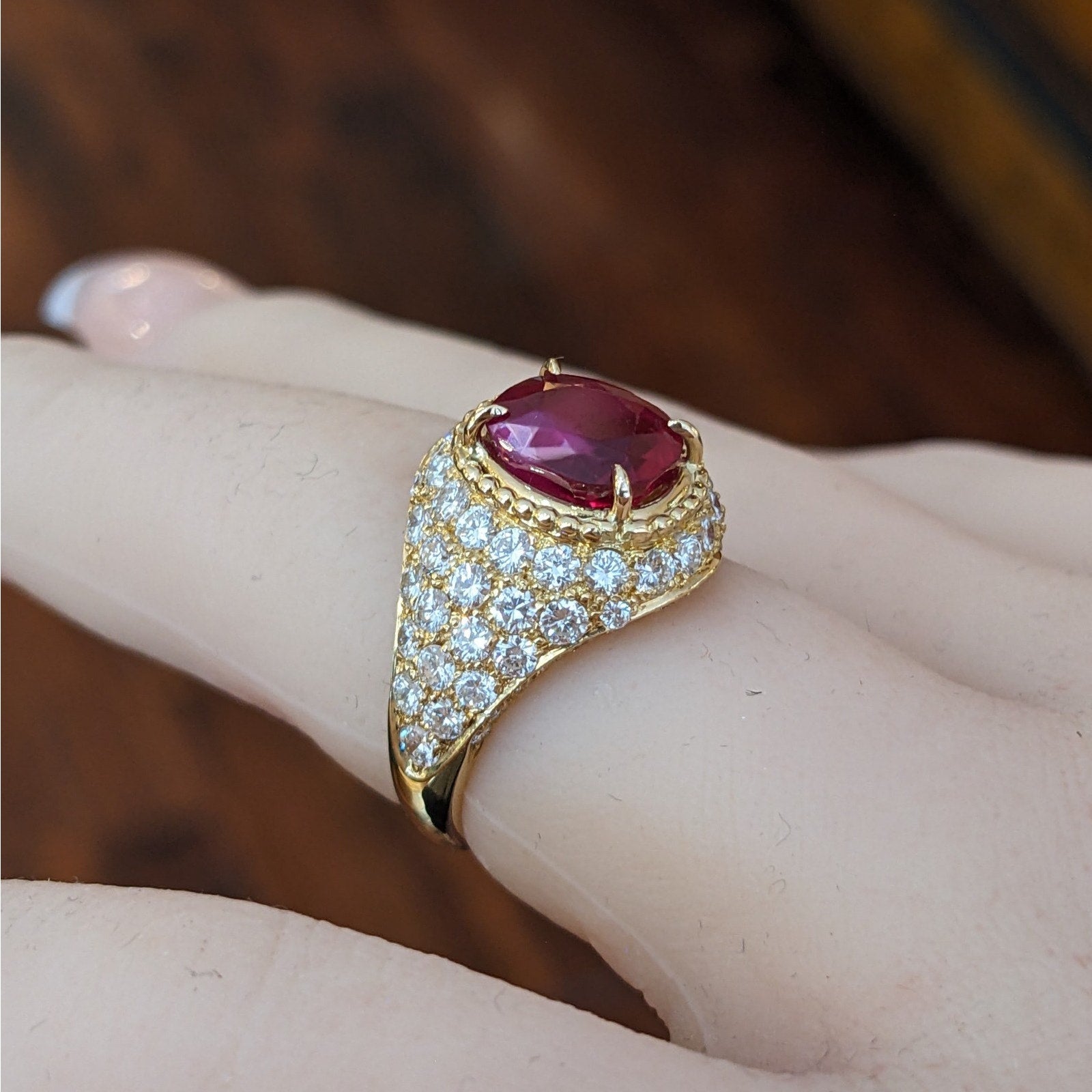 AGL Unheated 3.01 ct Natural Red Ruby in Diamond 18k Yellow Gold Ring