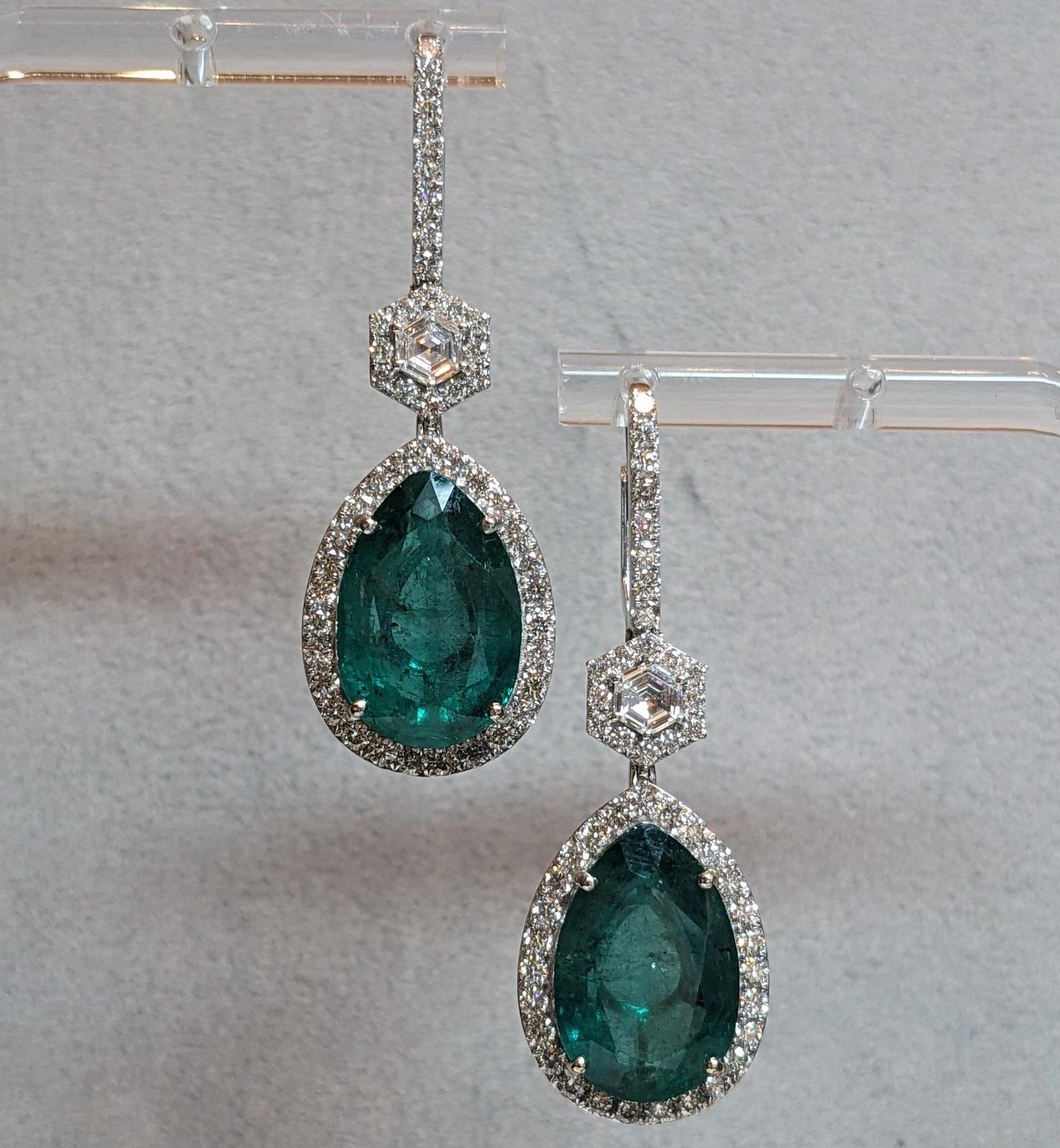 Large Pear Emerald Drop Earrings with Diamonds in 18k White Gold